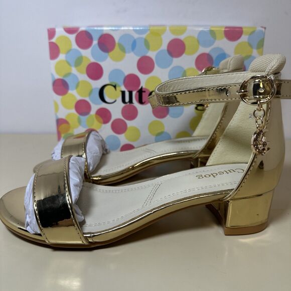 Cutedog Girls Gold Princess Shoes Size 2 Block Heel Ankle Buckle Strap and Charm - Picture 6 of 11